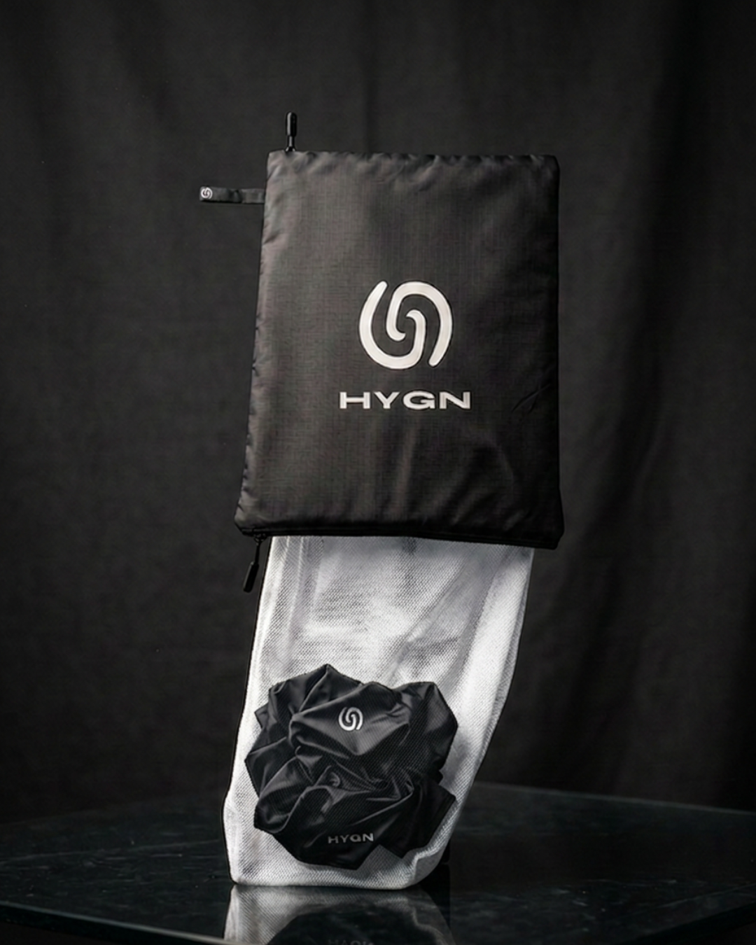 HYGN bag with the antibacterial mesh liner pulled out through the bottom zip